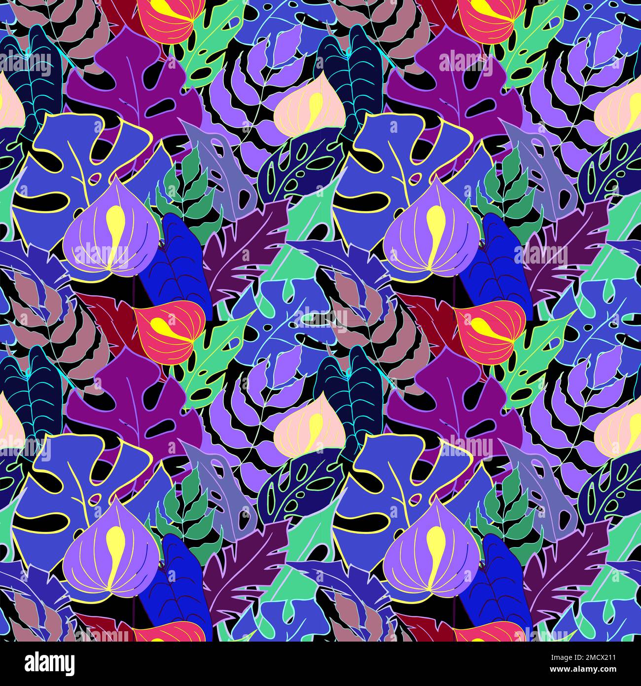 bright seamless pattern of tropical leaves and flowers in blue and ...