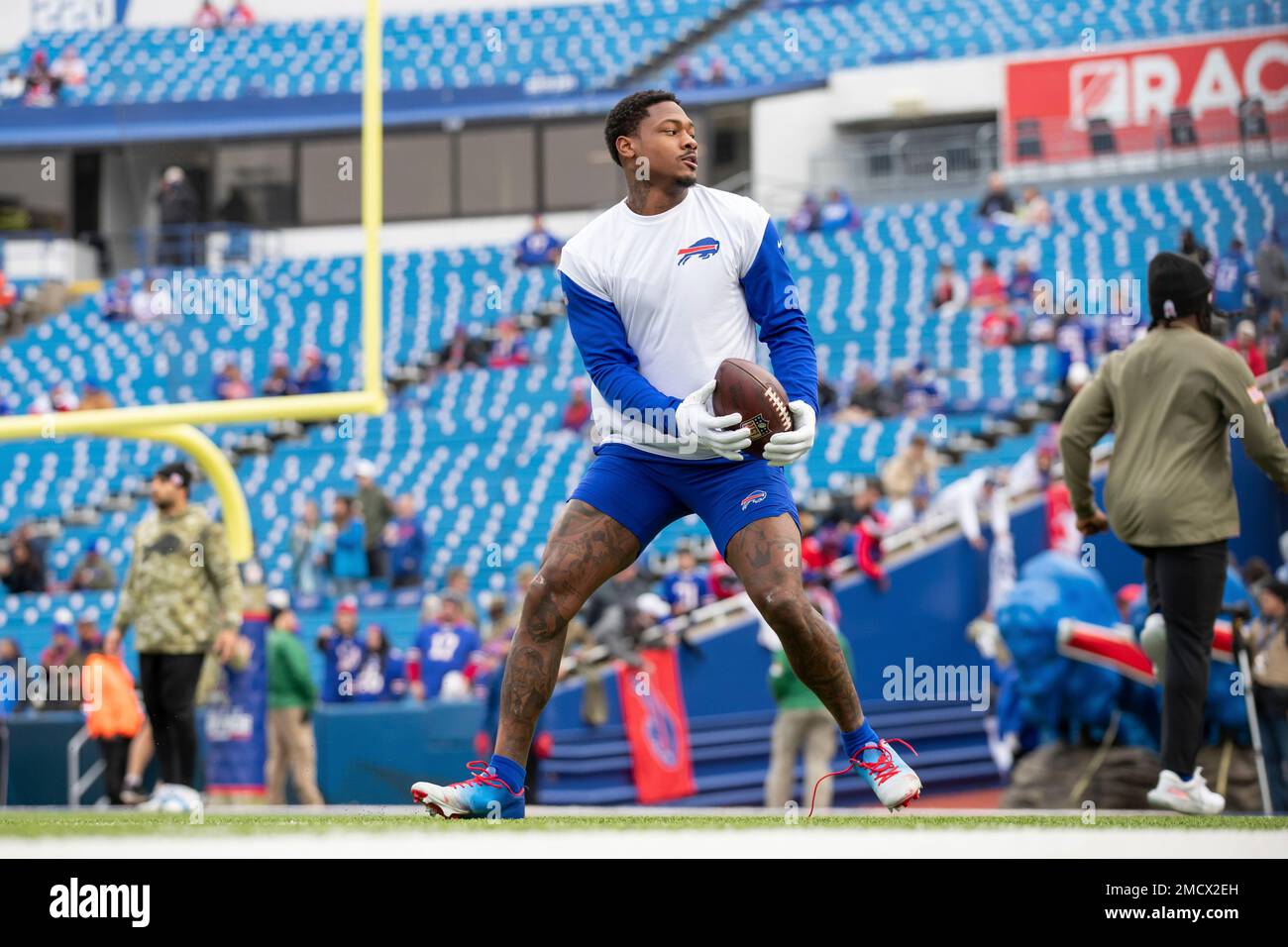 Wide receiver (14) Stefon Diggs of the Buffalo Bills warms up before