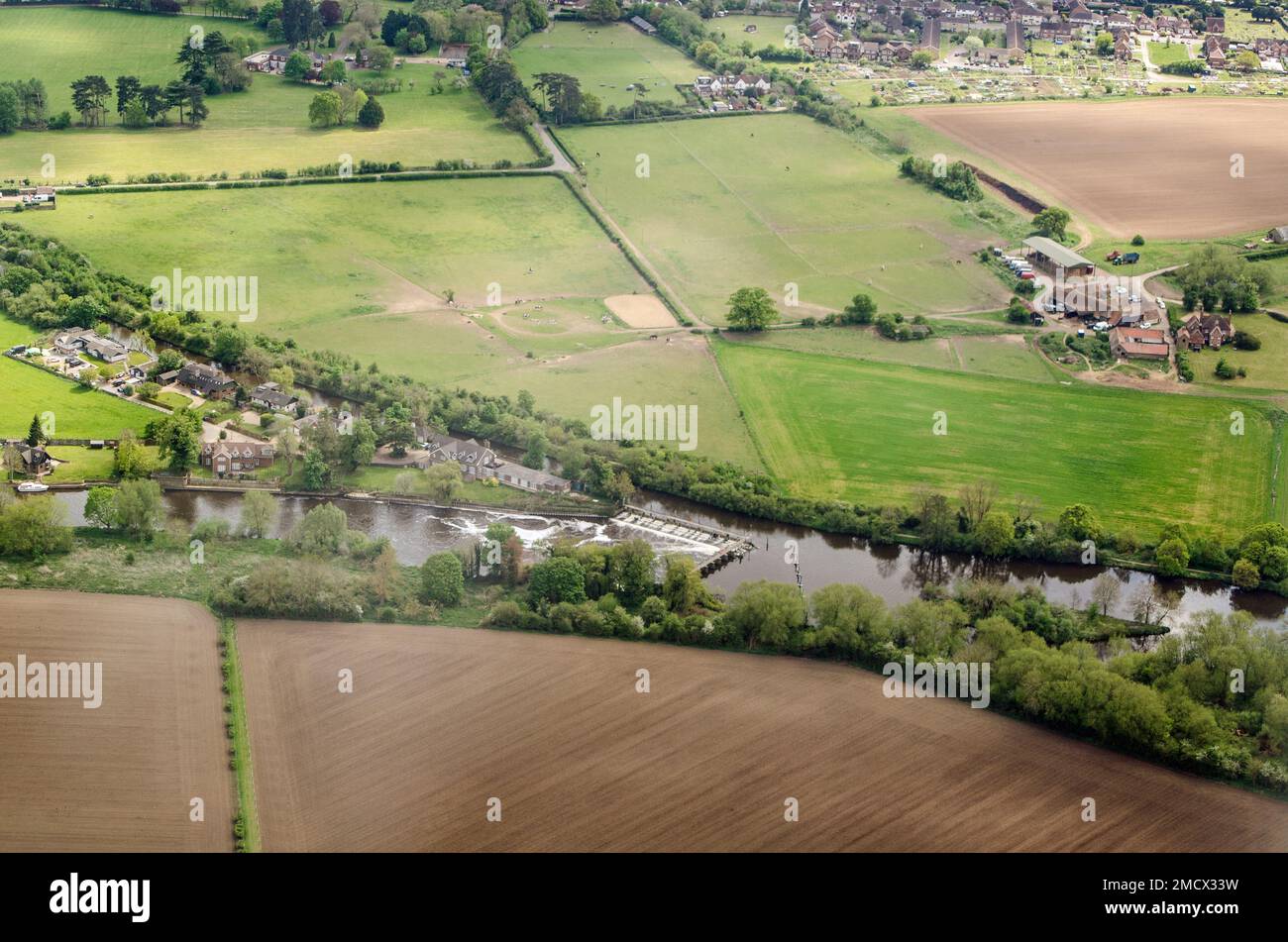 Aerial view of the weir on the River Thames at Old Windsor, Berkshire ...