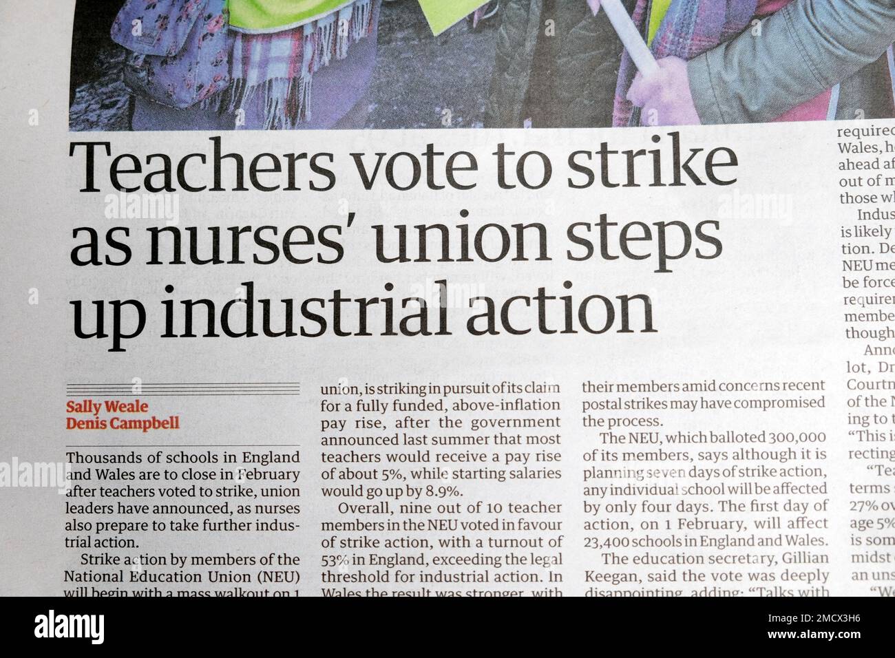 'Teachers vote to strike as nurses' union steps up industrial action' Guardian newspaper headline schools article cutting on 17 January 2023 London UK Stock Photo