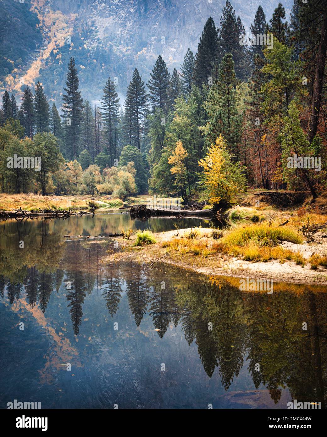 The Merced River flows through Yosemite Valley in the late fall. Yosemite National Park, California. Stock Photo