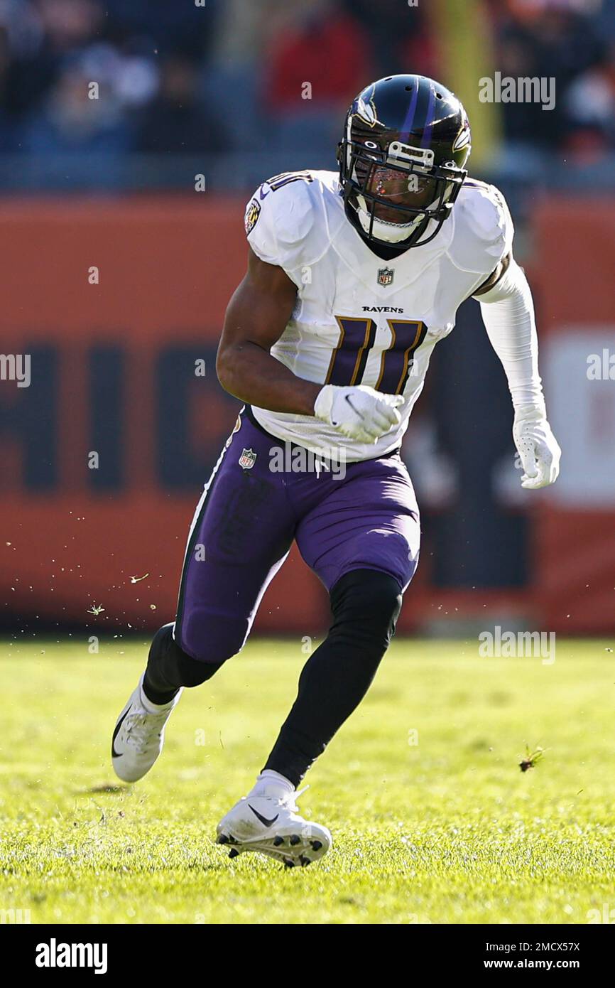 Baltimore Ravens wide receiver James Proche (11) runs on the field during the first half of an