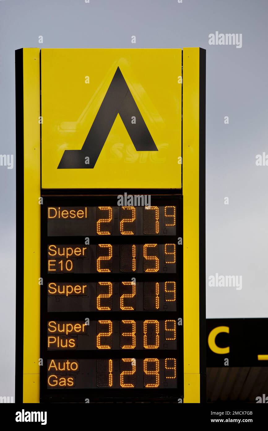 Petrol station advertisement, prices over two euros, March 2022