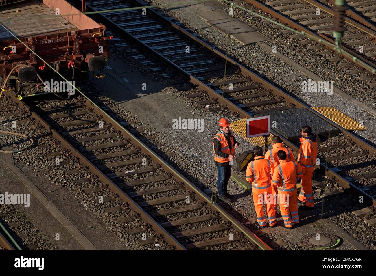 Railway workers talking at the train formation plant in the Vorhalle