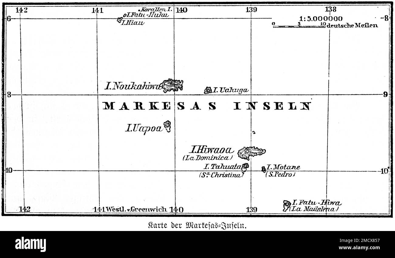 Map, Markesas, Marquesas Islands, Pacific, East Polynesia, grid of degrees, German miles, historical illustration 1885, French Polynesia Stock Photo