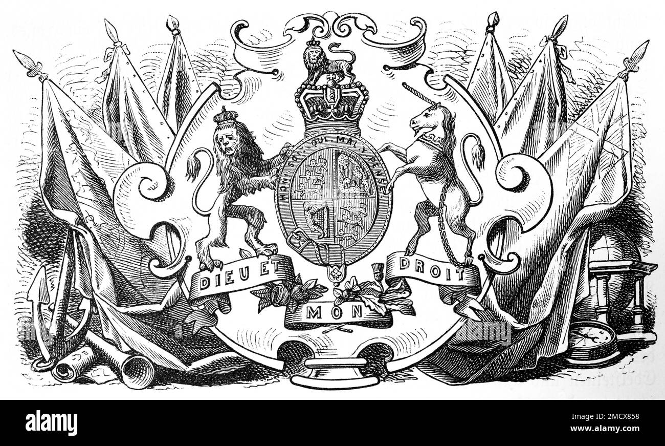 Emblem, England, inscription, Dieu et Mon Droit, God and My Right, flags, globe, compass, anchor, royal crown, lion, unicorn, historical illustration Stock Photo