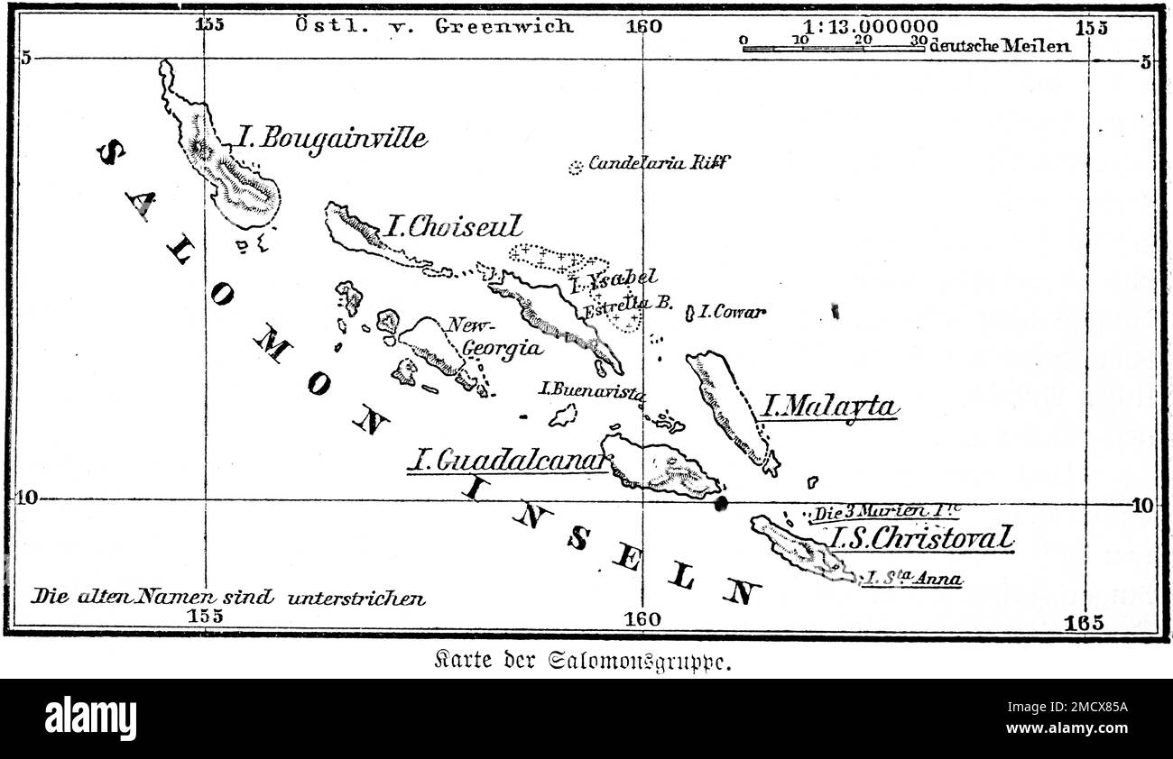 Map, Solomon Islands, Solomon Islands, grid of degrees, German miles, historical illustration 1885 Stock Photo