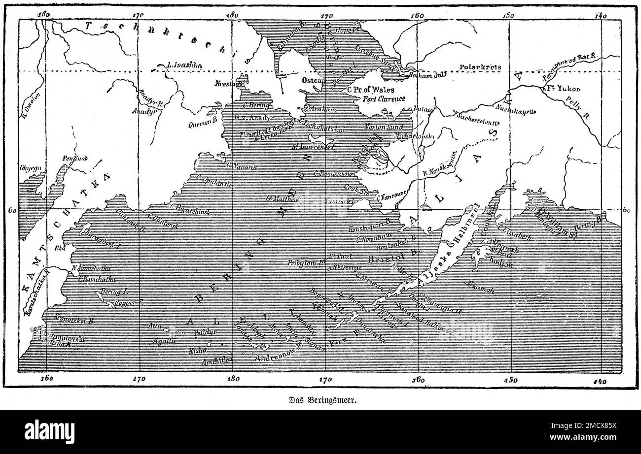 Historical map 1885, Russia, Alaska, Kamchatka, Bering Sea, Bering Sea, Aleutian Islands, grid of degrees, Arctic Circle, northern waterways Stock Photo