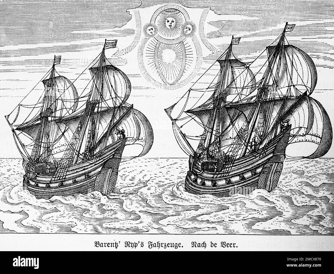 Sailing ships, Willem Barents (1550-1597), 16th century, Netherlands, explorer, navigator, northern Arctic Ocean, symbols, sun, wind, historical Stock Photo