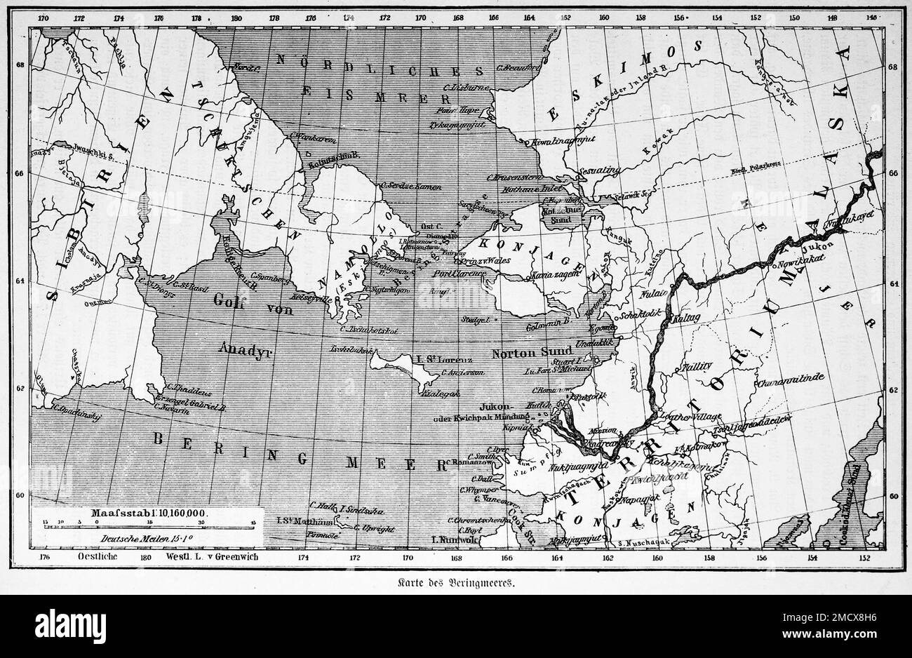 Historical map 1885, Russia, Siberia, North America, Alaska, Yukon River, Northern Arctic Ocean, Bering Sea, Inuit, grid of degrees, Arctic Circle Stock Photo