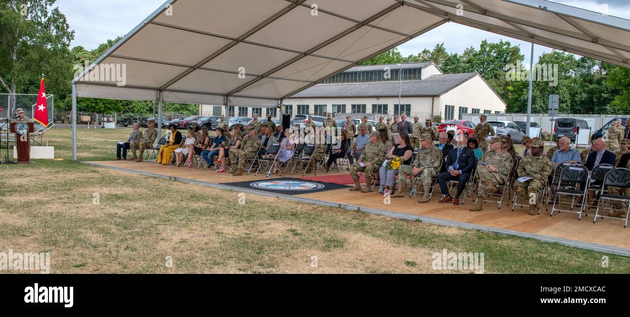 U.S. Army Maj. Gen. Heidi J. Hoyle, commanding general of Military Surface Deployment and Distribution Command addresses the attendees during the 598th Transportation Brigade, Surface Deployment and Distribution Command, change of command ceremony, July 11, 2022, at Daenner Kaserne, Kaiserslautern, Germany. The 598th TBDE executes mission command for strategic seaport operations in support of both U.S. European Command and U.S. Africa Command. Stock Photo