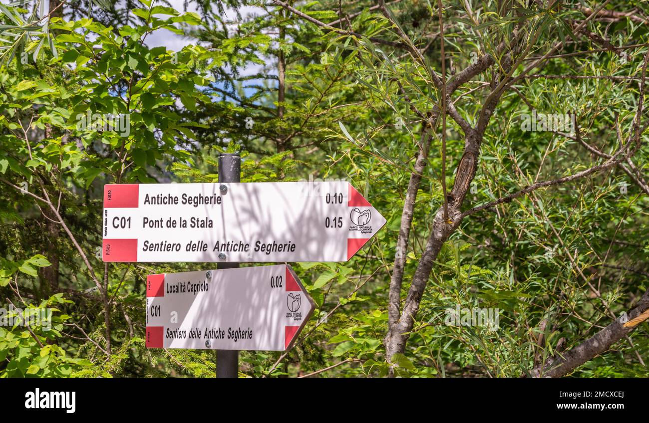 hiking trails wooden signs in Mountains - Trento province -  Trentino Alto Adige,northern Italy - Europe Stock Photo