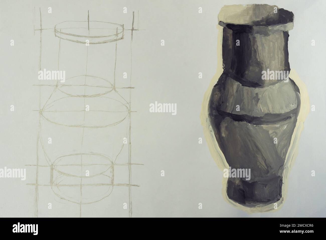 Composition of drawing sketch of three-dimensional vase and painting of grey vase on white background drawn by child with pencil and watercolor. Artwo Stock Photo