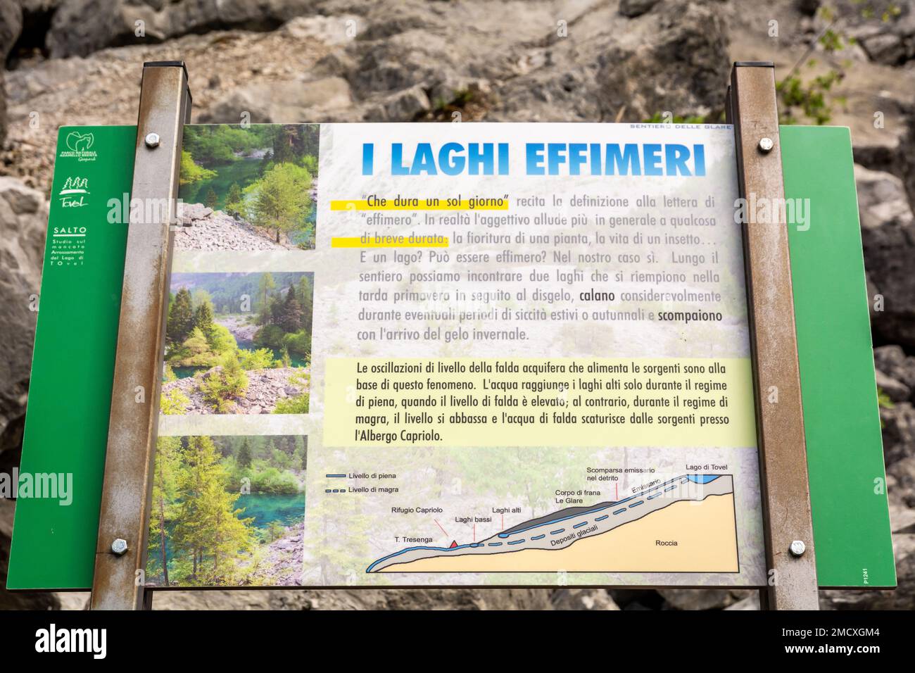 the ephemeral ponds of Tovel - Information board ( in Italian language) - Tuenno - Trento province,Trentino Alto Adige - northern Itlay- Europe Stock Photo