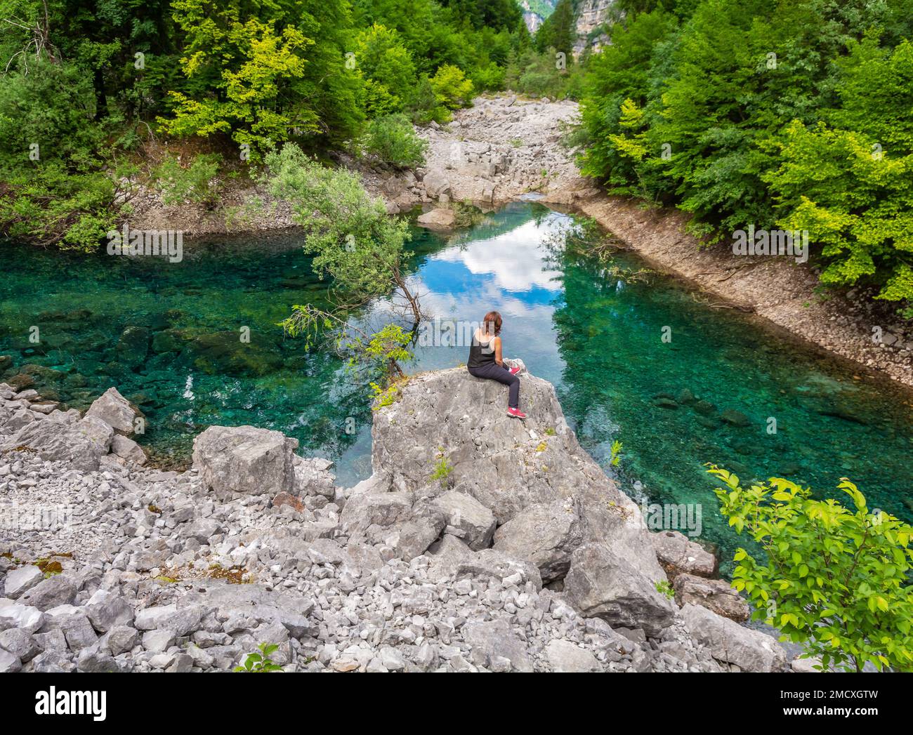 the ephemeral ponds of Tovel: small pearls with turquoise and indigo hues set within the basins of the extensive stony ground of Tovel’s Glares - Tren Stock Photo