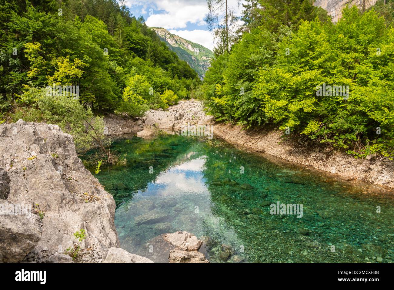 the ephemeral ponds of Tovel: small pearls with turquoise and indigo hues set within the basins of the extensive stony ground of Tovel’s Glares,Italy Stock Photo