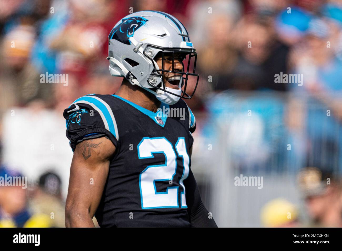 Carolina Panthers free safety Jeremy Chinn (21) yells instructions during  an NFL football game against the Tampa Bay Buccaneers, Sunday, Dec. 26,  2021, in Charlotte, N.C. (AP Photo/Brian Westerholt Stock Photo - Alamy