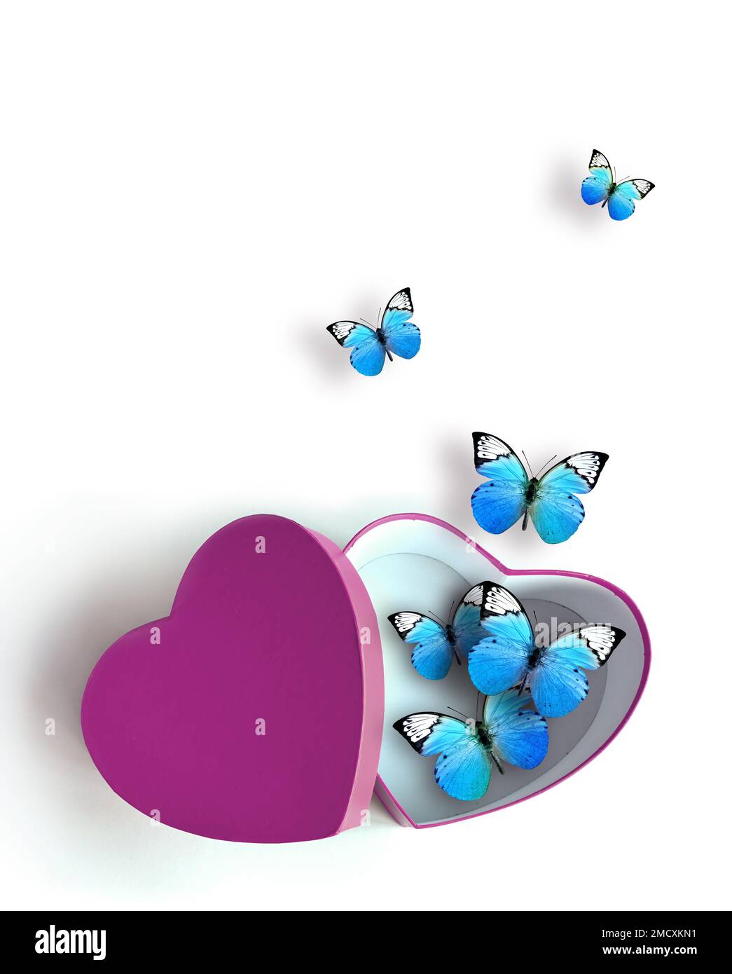 Open heart shaped gift box with colored butterfly on white background. Design for Valentine's Day. Stock Photo