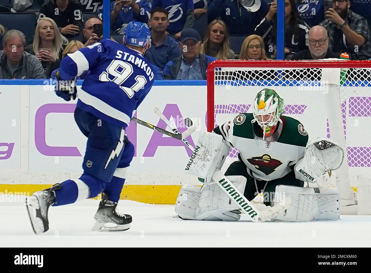 Tampa Bay Lightning center Steven Stamkos (91) fires the puck past