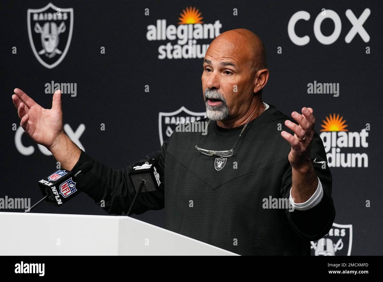 Las Vegas Raiders interim head coach Rich Bisaccia attends a news