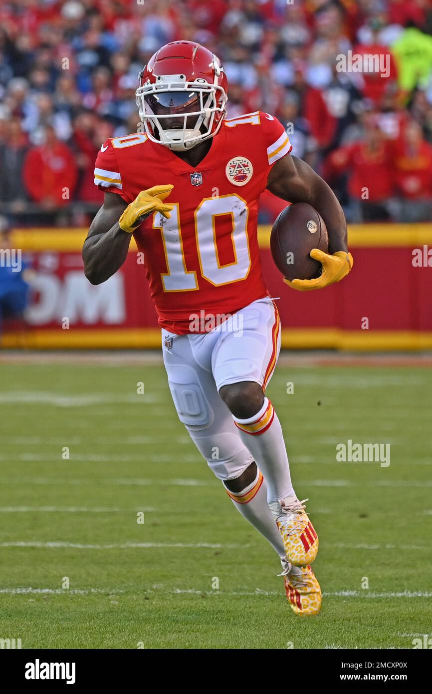 Kansas City Chiefs wide receiver Tyreek Hill (10) runs up field during an NFL  football game against the Dallas Cowboys Sunday, Nov. 21, 2021, in Kansas  City, Mo. (AP Photo/Peter Aiken Stock