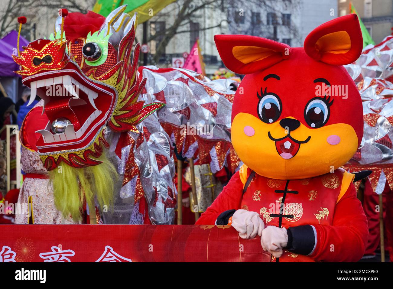 London, UK. 22nd Jan, 2023. Performers taking part in traditional Chinese New Year parade in London Chinatown celebrating Lunar New Year 2023, Year of the Rabbit. Credit: Marcin Rogozinski/Alamy Live News Stock Photo