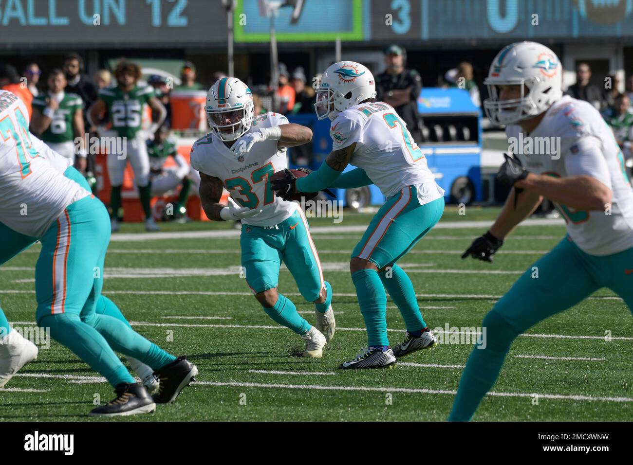 Miami Gardens, Florida, USA. 22nd Dec, 2019. Miami Dolphins running back Myles  Gaskin (37) is congratulated by teammates after scoring a touchdown against  the Cincinnati Bengals in the fourth quarter of an