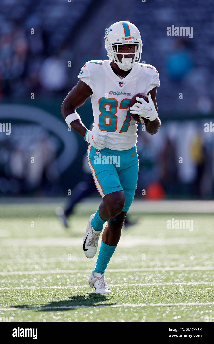 Miami Dolphins wide receiver Isaiah Ford (87) warms up before taking on the New  York Jets during an NFL football game, Sunday, Nov. 21, 2021, in East  Rutherford, N.J. (AP Photo/Adam Hunger