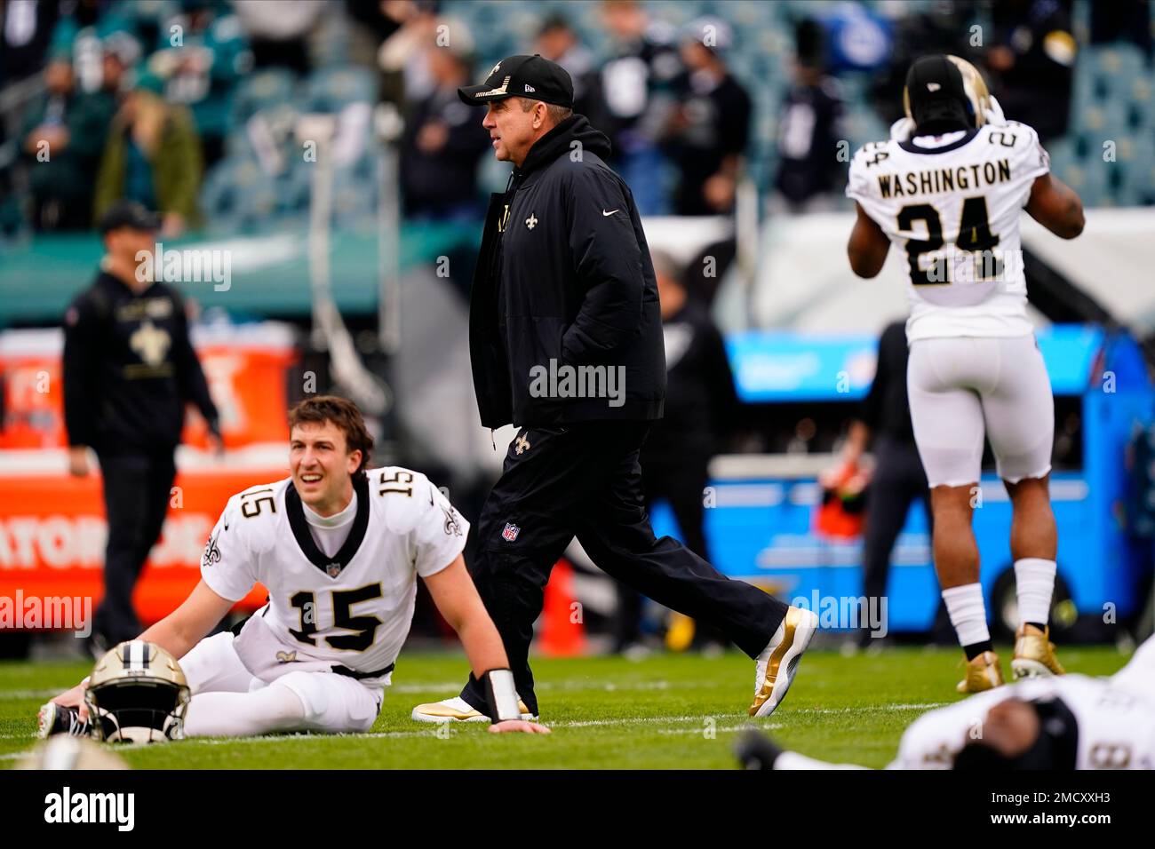 New Orleans Saints' Sean Payton walks the field before an NFL football
