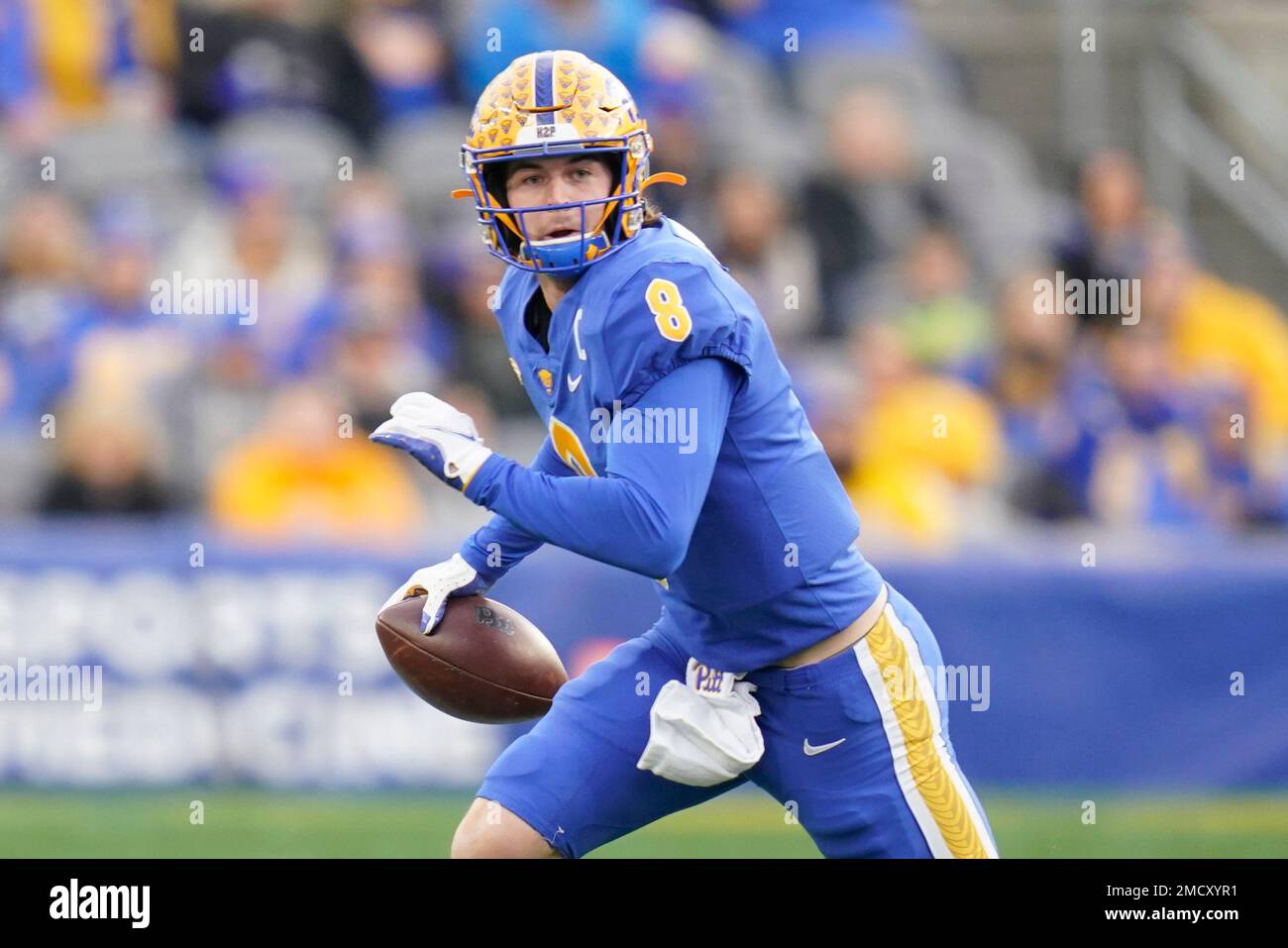 Pittsburgh quarterback Kenny Pickett (8) plays against Virginia during