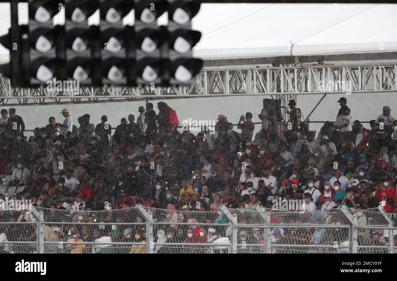Spectators watch the Superbike World Championship at Mandalika International Circuit in Mandalika, Lombok Island, Indonesia, Sunday, Nov