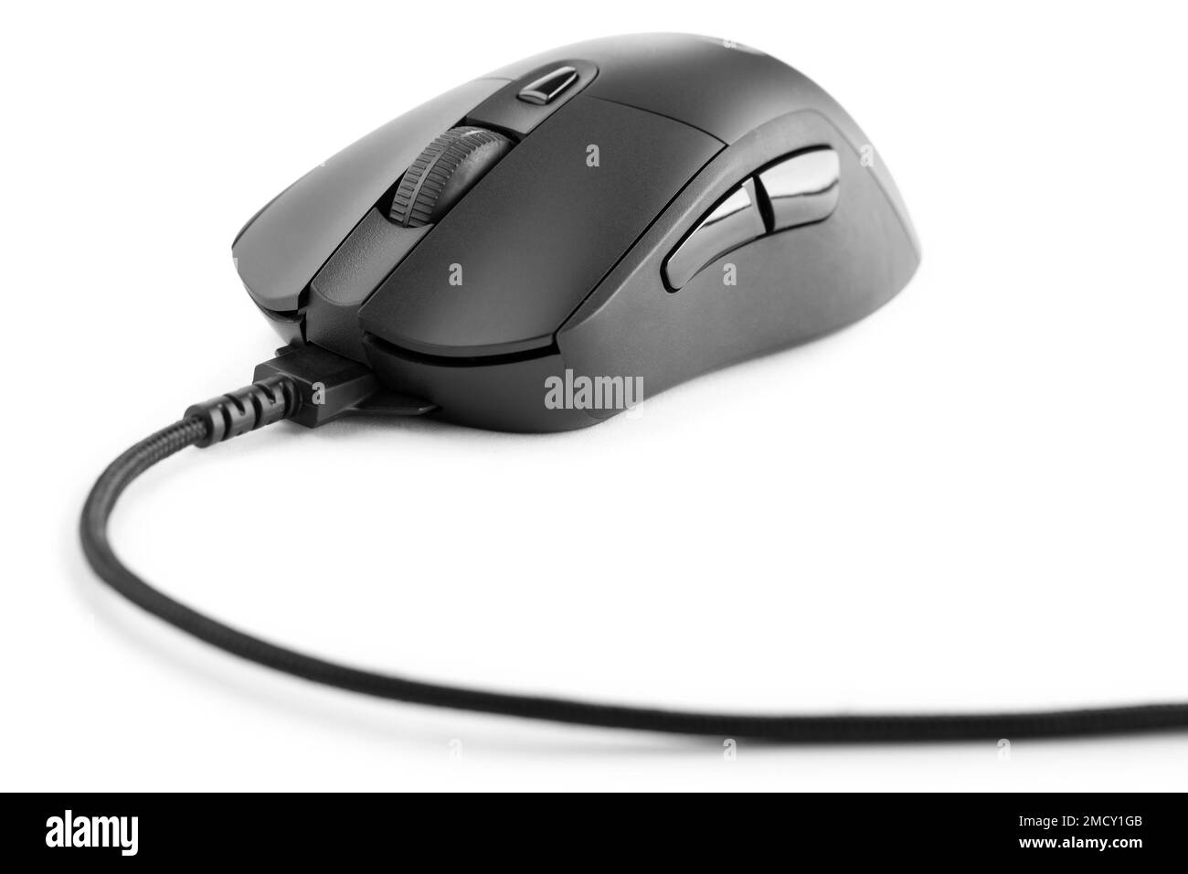 Black wired computer mouse isolated on white background. Сomputer