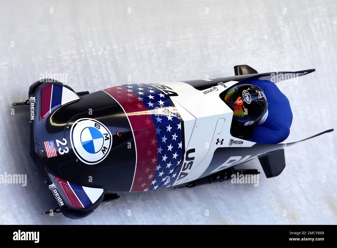 Codie Bascue and Carlo Valdes of the United States speed down the track during the mens two-man bobsleigh World Cup race in Igls, near Innsbruck, Austria, Saturday, Nov