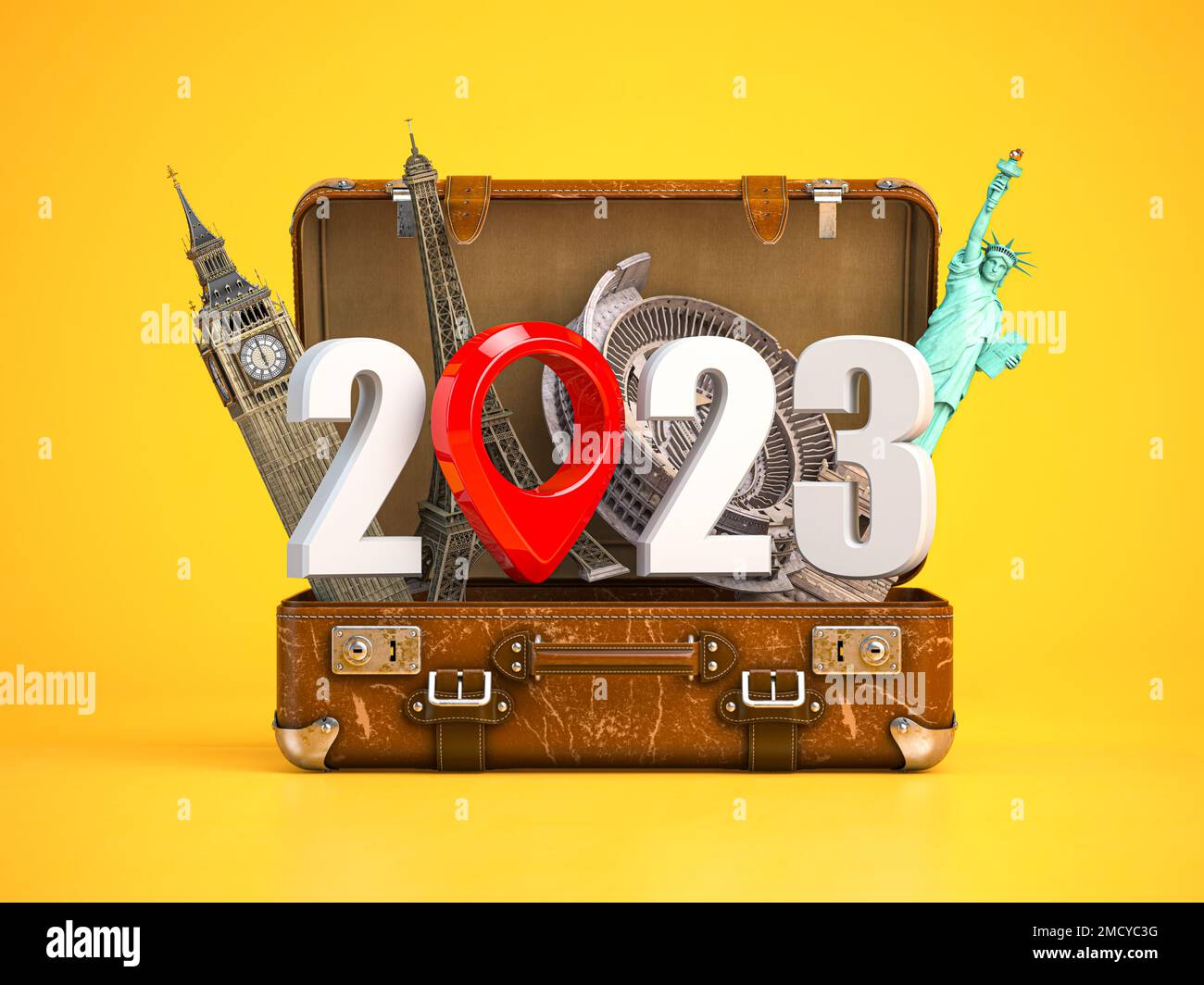 2023 Happy new year. in travel and tourism industry Number 2023 and pin