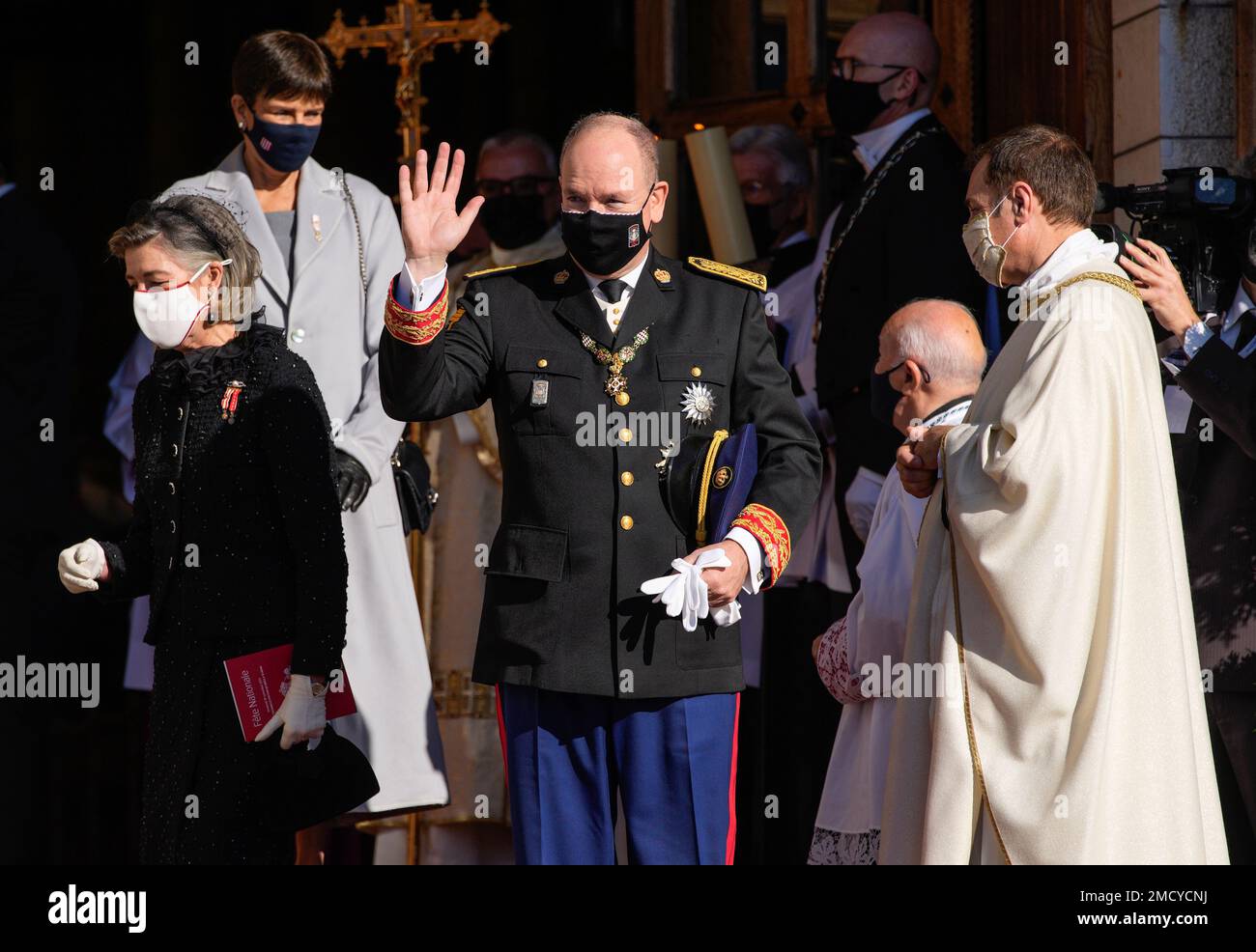 Monaco Ap Prince Albert of Monaco waves as he leaves at the Monaco cathedral with ...