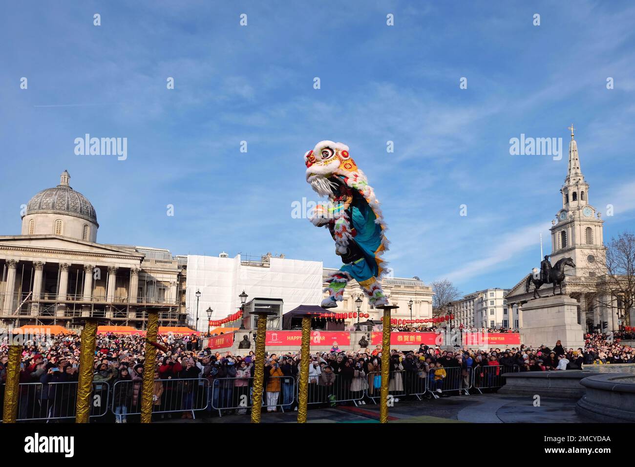 London, UK. 22nd January, 2023. A lion dance performed by the Chen brothers opens the Chinese New Year celebrations at Trafalgar Square, welcoming in the Year of the Rabbit. Thousands of visitors are expected to enjoy the festivities on the day in the square and in Chinatown. Credit: Eleventh Hour Photography/Alamy Live News Stock Photo