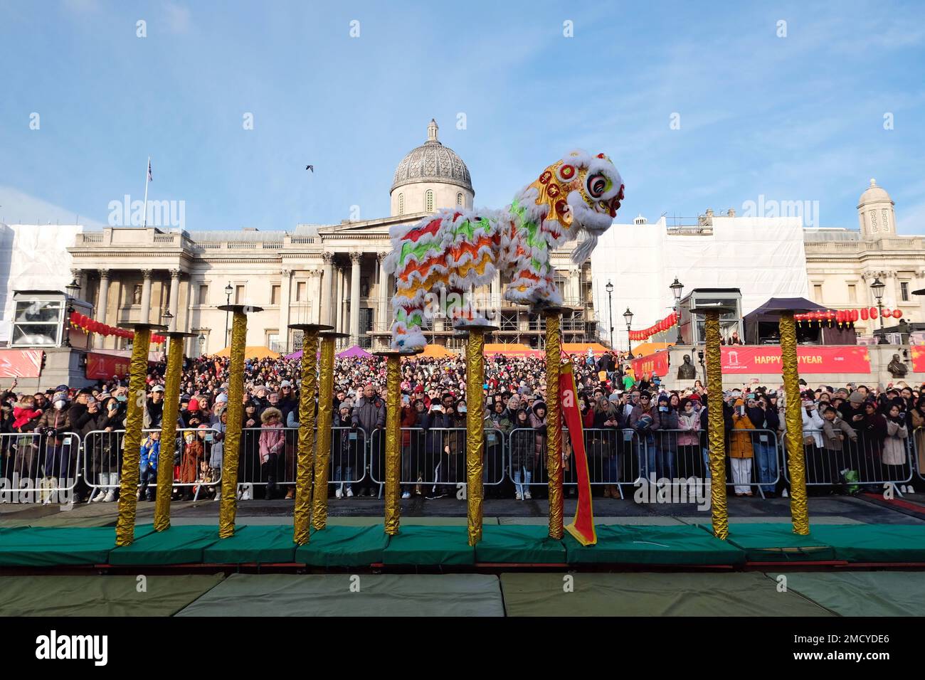 London, UK. 22nd January, 2023. A lion dance performed by the Chen brothers opens the Chinese New Year celebrations at Trafalgar Square, welcoming in the Year of the Rabbit. Thousands of visitors are expected to enjoy the festivities on the day in the square and in Chinatown. Credit: Eleventh Hour Photography/Alamy Live News Stock Photo