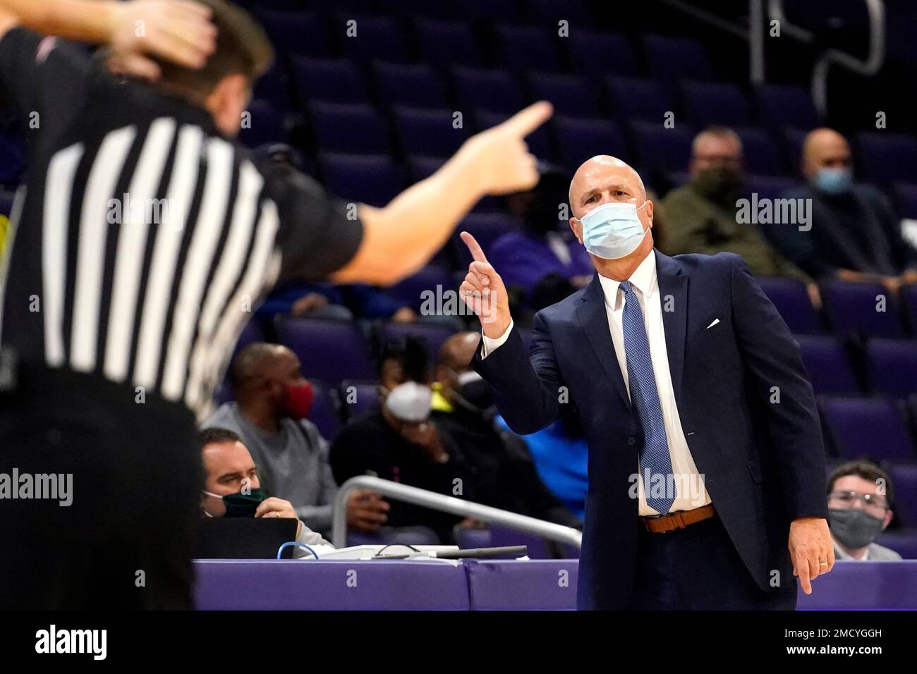 Fairleigh Dickinson head coach Greg Herenda reacts to a call during the
