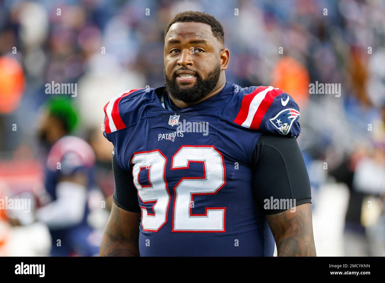 New England Patriots nose tackle Davon Godchaux (92) celebrates after  defeating the Cleveland Browns in an NFL football game, Sunday, Nov. 14,  2021, in Foxborough, Mass. (AP Photo/Greg M. Cooper Stock Photo - Alamy