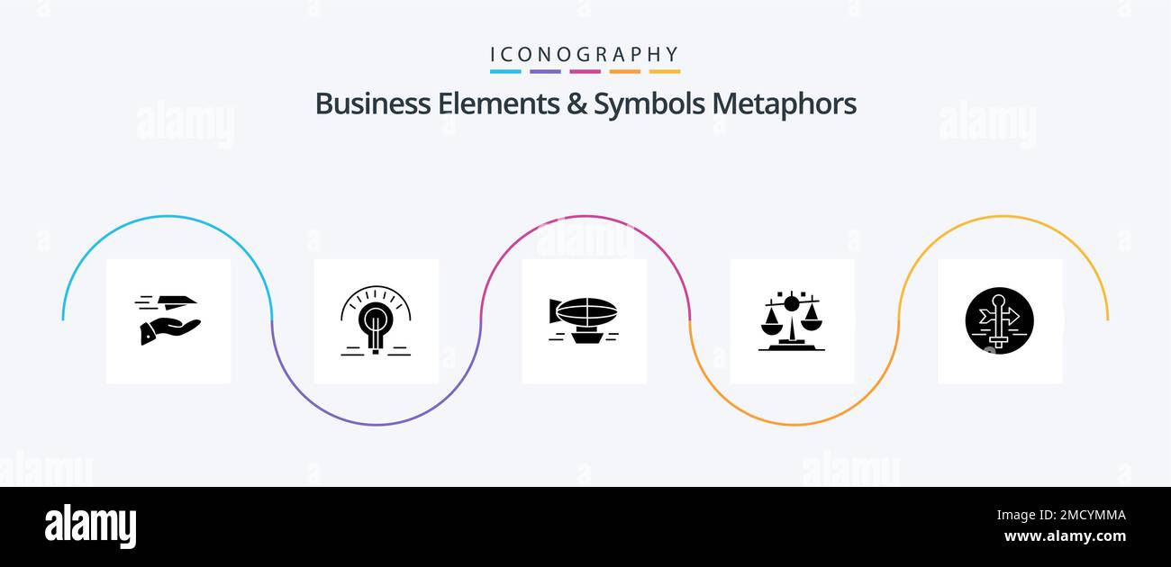 Business Elements And Symbols Metaphors Glyph 5 Icon Pack Including justice. balance. tips. travel. filled Stock Vector