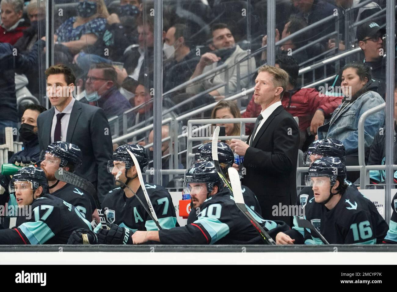 Seattle Kraken head coach Dave Hakstol, right, and assistant coach Jay