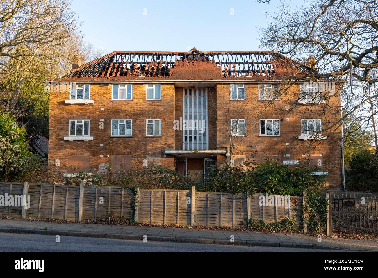 The remains of an apartment building which has been destroyed by fire, Southend Road, Beckenham, London, UK.  21 Jan 2023 Stock Photo