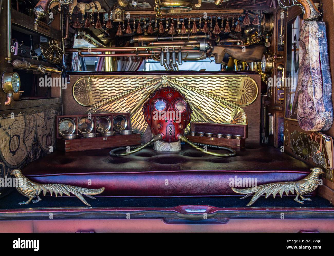 The interior of a customised steampunk Volkswagen camper van. Customized VW camper van interior. Stock Photo