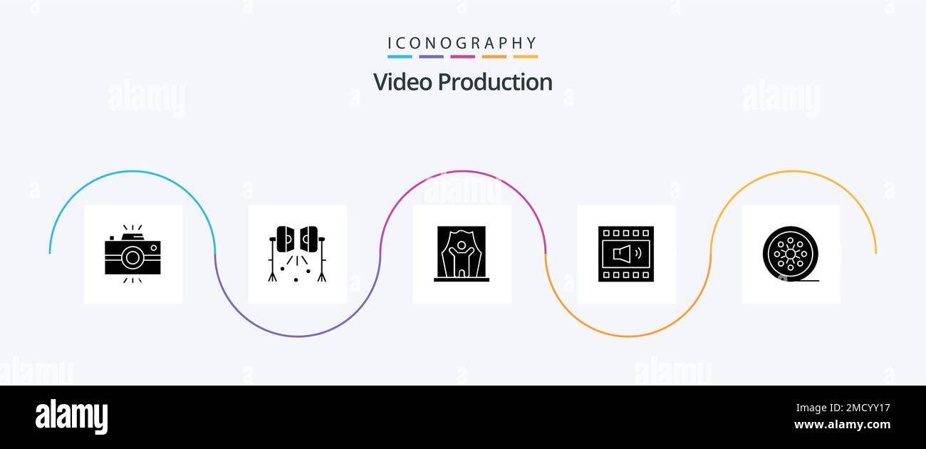 Video Production Glyph 5 Icon Pack Including open volume. amplifier. studio lightning. professional artist. celebrity Stock Vector