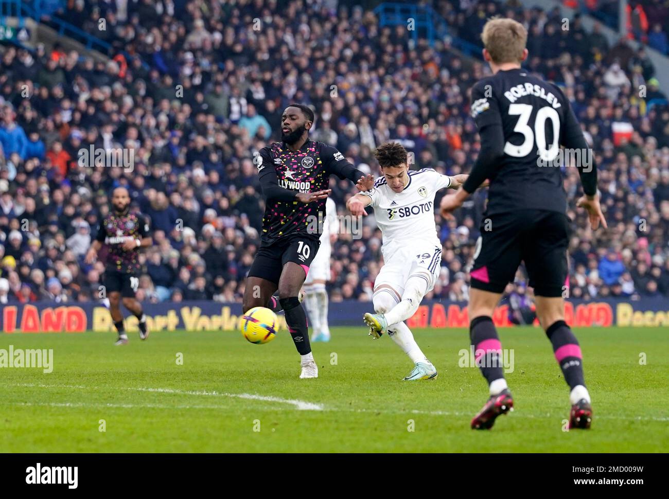 Leeds United's Rodrigo Moreno (second right) attempts a shot on goal during the Premier League