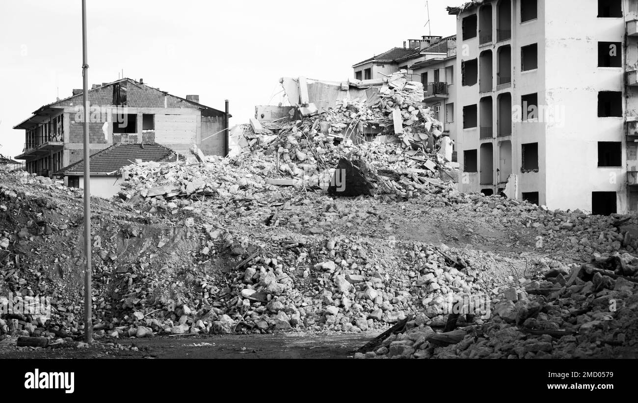 Earthquake in Turkey. Ruined houses after a massive earthquake in Turkey. Stock Photo