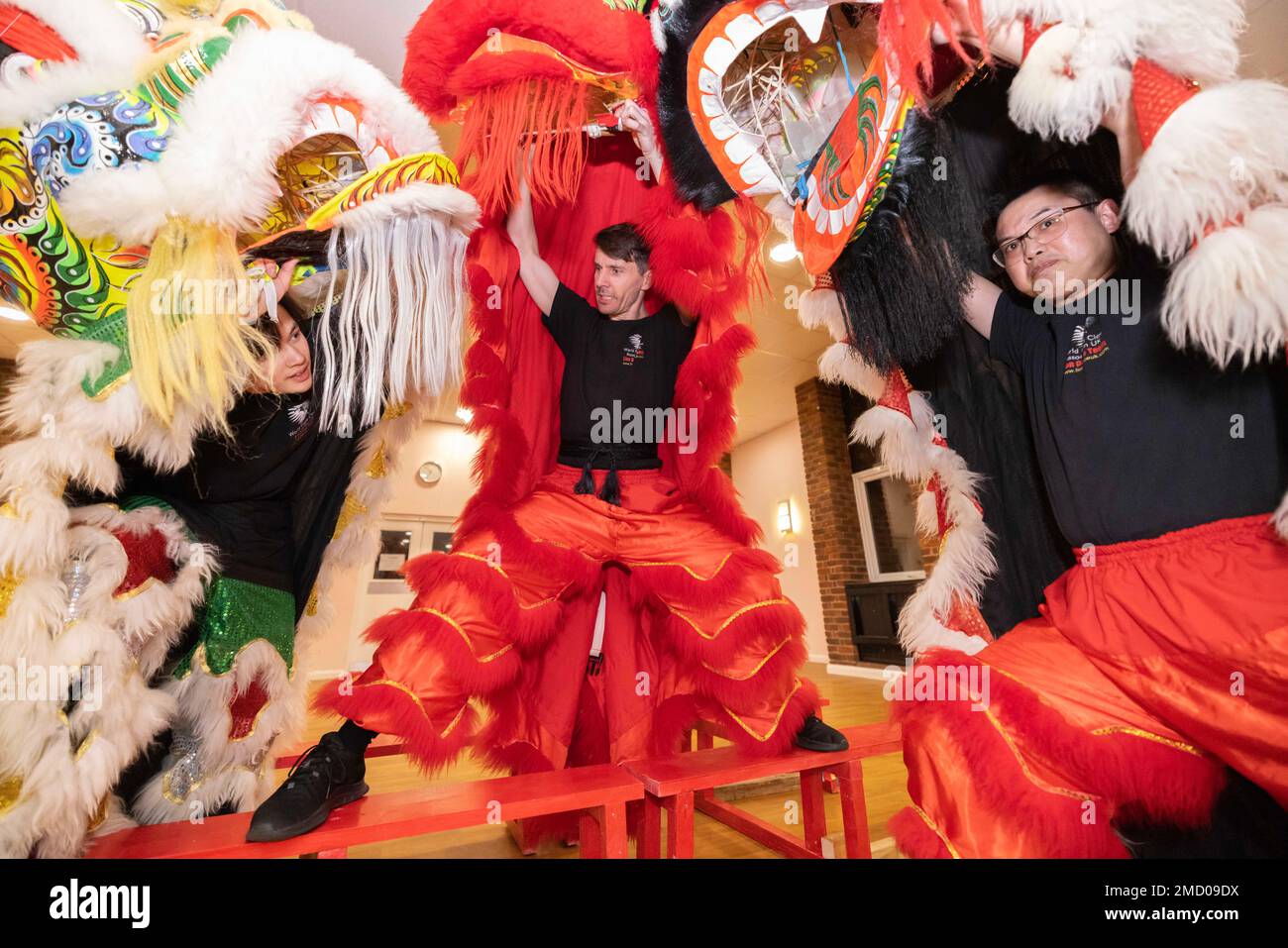 Members of the World Eagle Claw Association UK Lion Dance Team rehearse ahead of Chinese New Year celebrations in their local community hall, England. Stock Photo