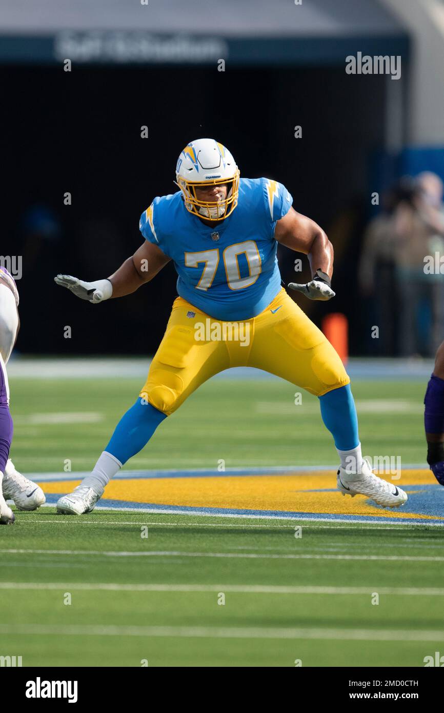 Los Angeles Chargers offensive tackle Rashawn Slater (70) takes his stance  during an NFL football game against the Minnesota Vikings Sunday, Nov. 14,  2021, in Inglewood, Calif. (AP Photo/Kyusung Gong Stock Photo - Alamy