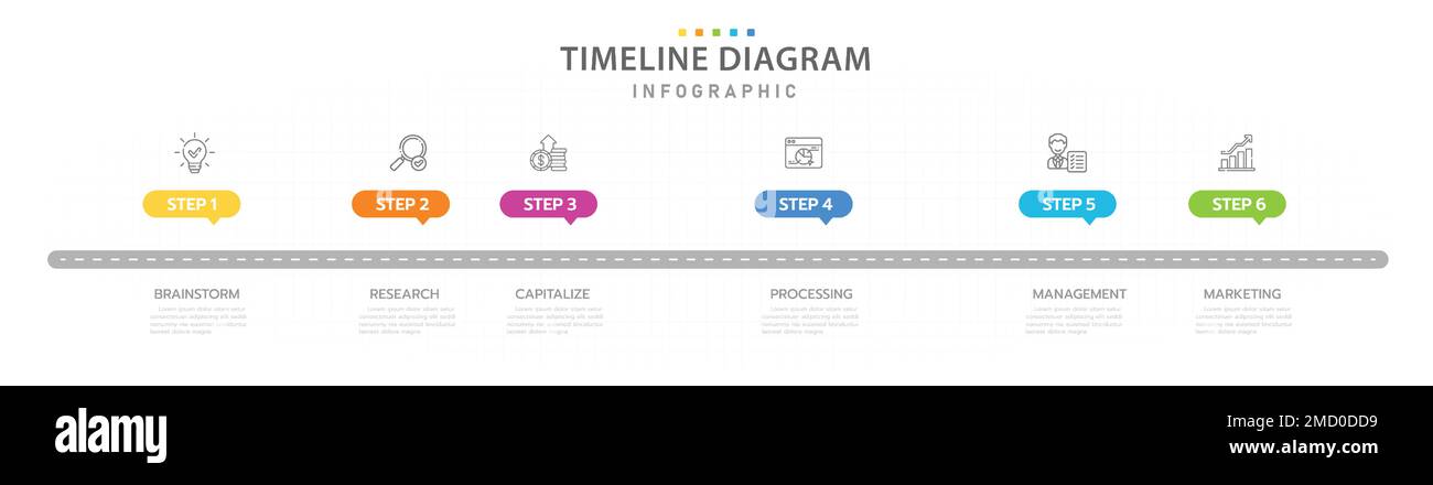 Infographic template for business. 6 Steps Modern Timeline diagram with icon topics, presentation vector infographic with icons. Stock Vector