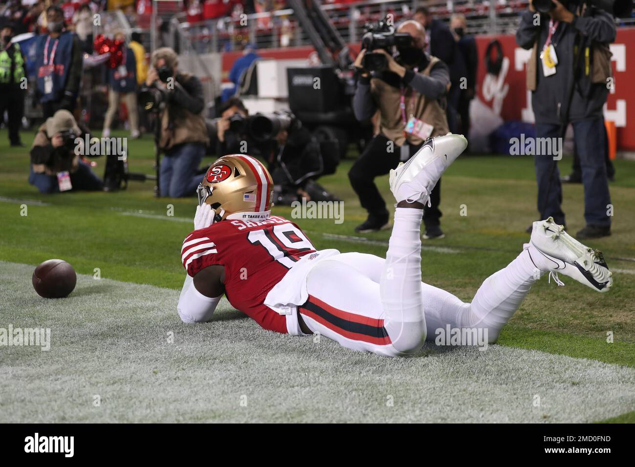 San Francisco 49ers wide receiver Deebo Samuel (19) reacts after ...